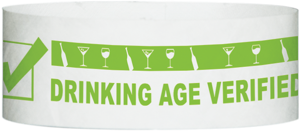 A Tyvek® 1" x 10"  Drinking Age Verified Neon Lime wristband