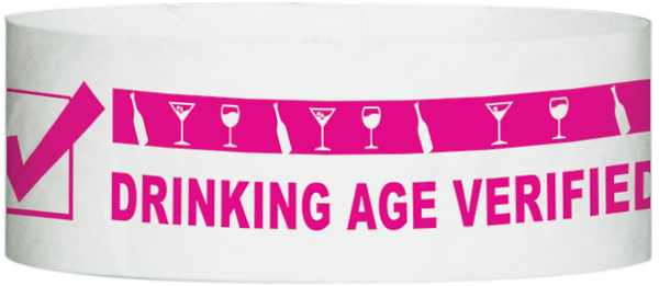 A Tyvek® 1" x 10"  Drinking Age Verified Neon Pink wristband