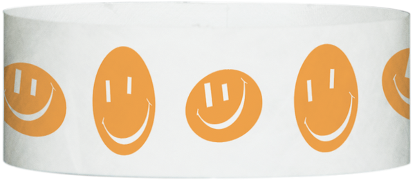 A Tyvek® 1" X 10" Happy Face Neon Orange wristband