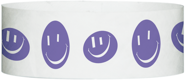 A Tyvek® 1" X 10" Happy Face Purple wristband