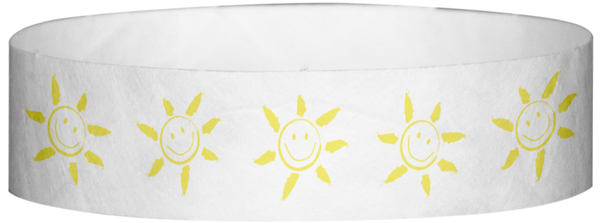 A Tyvek® 3/4" X 10" Sun Face Yellow Glow wristband